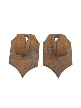 Antique Hand Forged Rustic Iron Metal Wall Hook Pair Shield Design Punched Holes